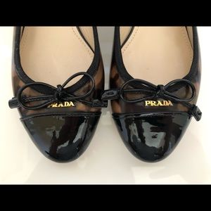 Prada Leopard Print Black Bow Cap Toe Ballet Flat